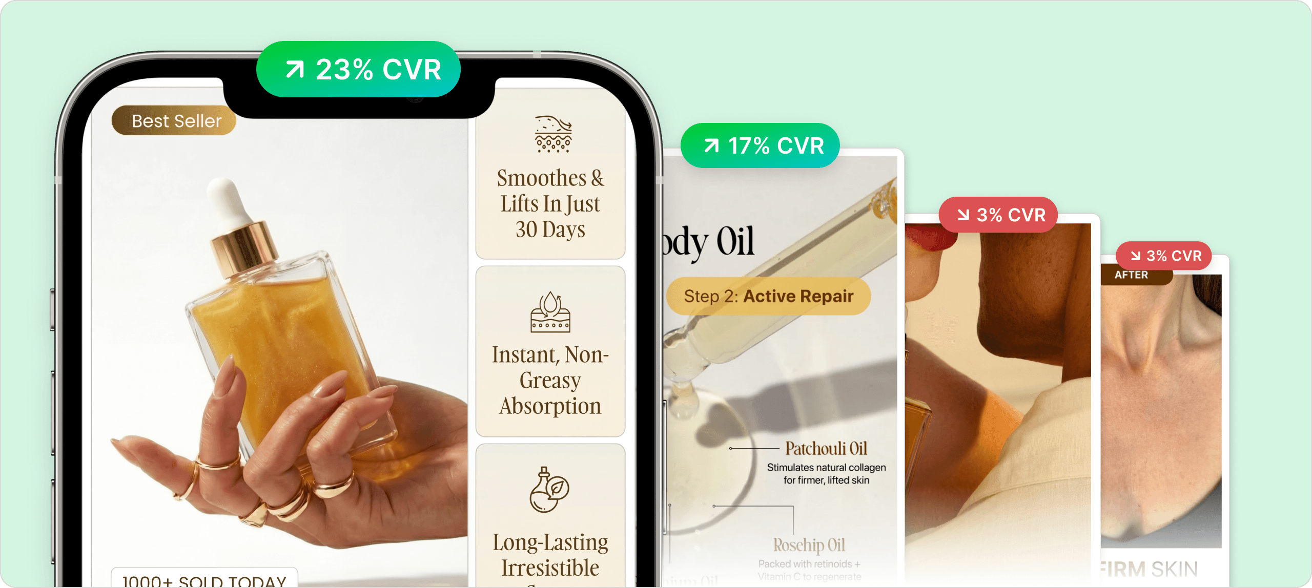 Media gallery testing hero — cascading phone mockups with CVR badges