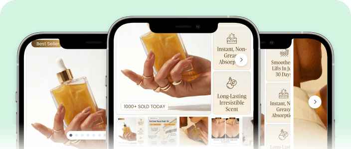 Three Shopify product page layout variants tested side by side